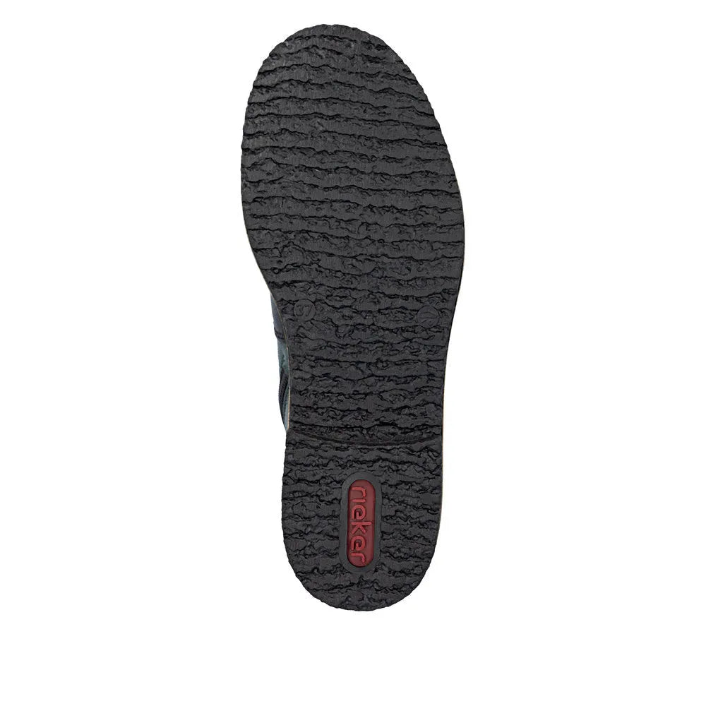 Rieker 73510-90 ladies multi zip and lace ankle boots, black with textured sole and red Rieker logo.