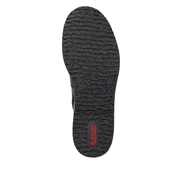 Rieker 73510-90 ladies multi zip and lace ankle boots, black with textured sole and red Rieker logo.