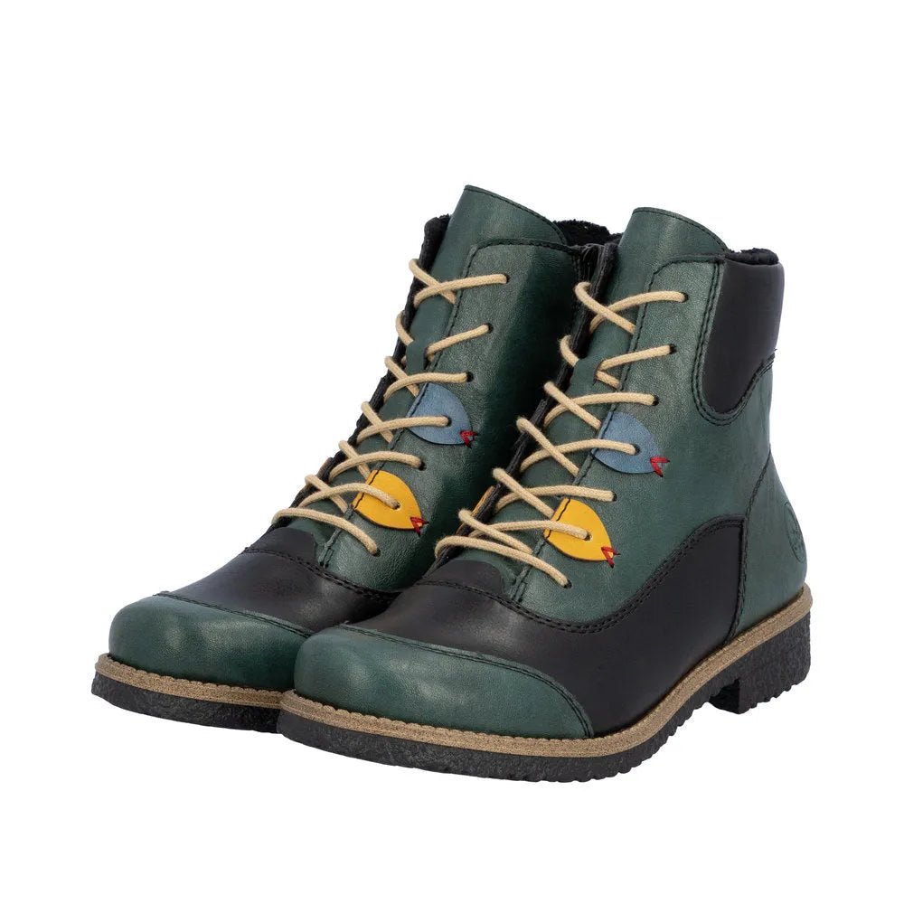 Rieker 73510-90 women's multi zip and lace ankle boots with colorful bird embroidery, black and green leather, and rugged sole.