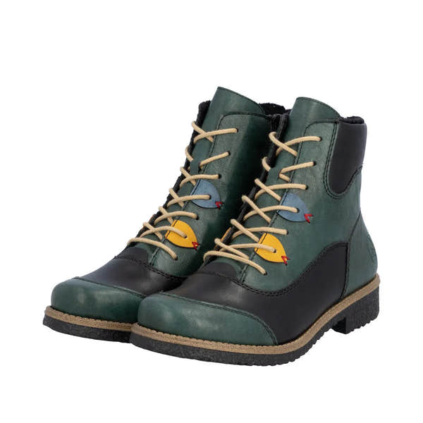 Rieker 73510-90 women's multi zip and lace ankle boots with colorful bird embroidery, black and green leather, and rugged sole.