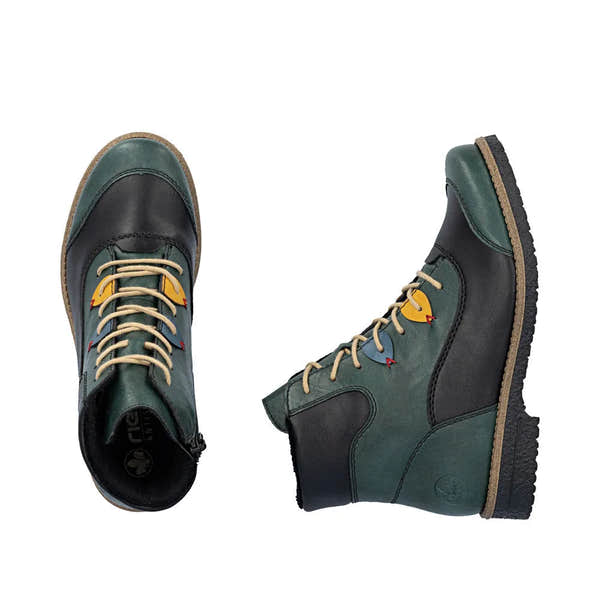 Rieker 73510-90 women's multi-zip and lace ankle boots in green and black with beige laces and rugged sole.