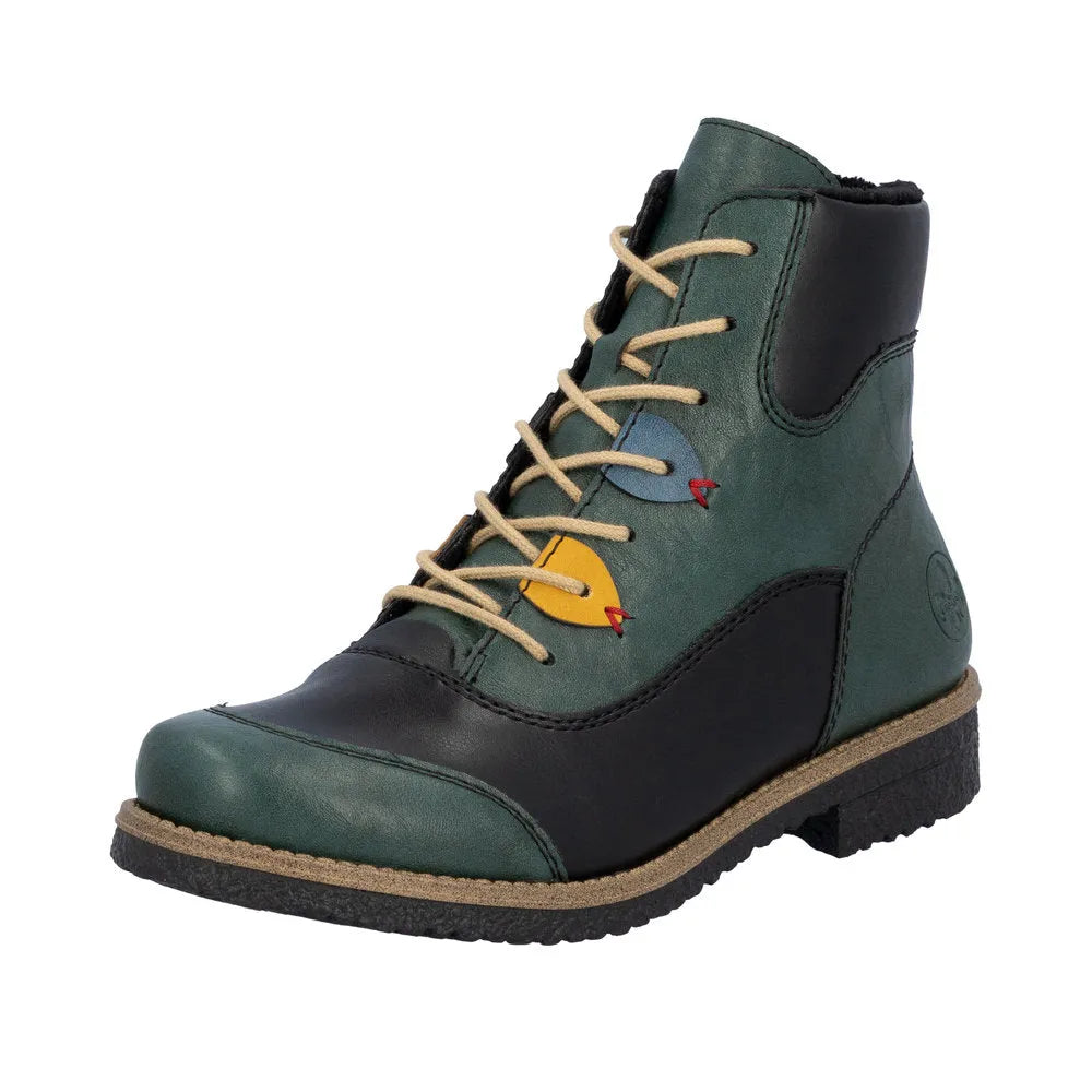 Rieker 73510-90 women's multi-zip and lace ankle boots with colorful bird details, black and green leather upper, and rugged sole.