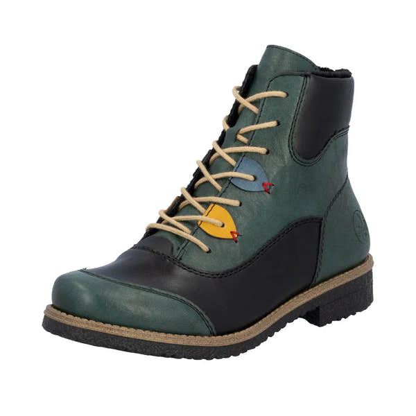 Rieker 73510-90 women's multi-zip and lace ankle boots with colorful bird details, black and green leather upper, and rugged sole.