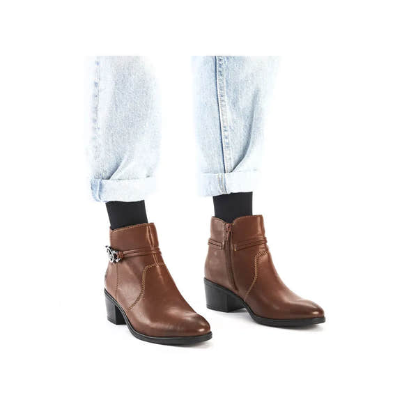 Rieker 73970-22 women's brown leather ankle boots with side zips, block heel, and ankle strap detail.