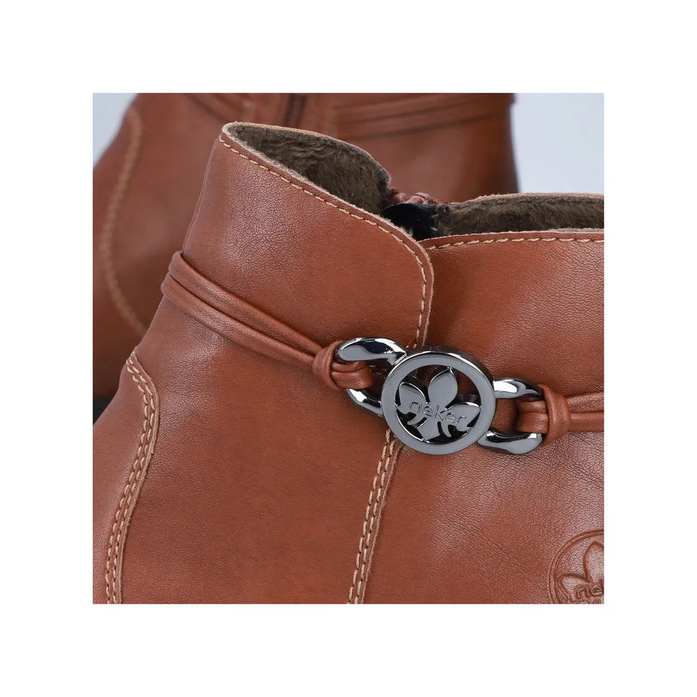 Rieker 73970-22 women's brown ankle boots with side zip and decorative chain detail.