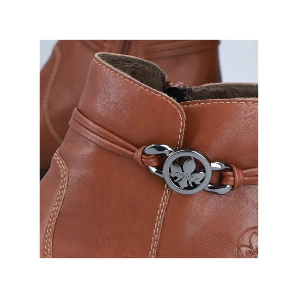 Rieker 73970-22 women's brown ankle boots with side zip and decorative chain detail.