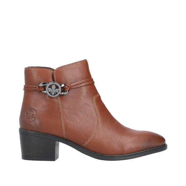Rieker 73970-22 women's brown ankle boots with side zipper, low block heel, decorative strap, and logo detail.