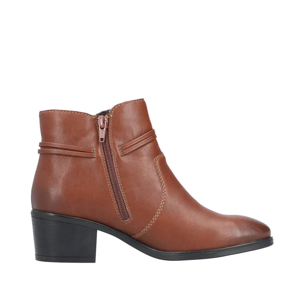 Rieker 73970-22 Ladies Brown Ankle Boots with Side Zipper, Low Block Heel, and Leather Finish.