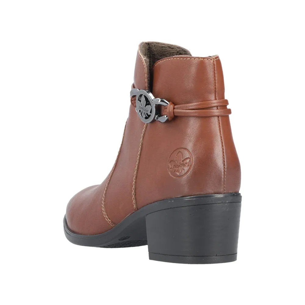 Rieker 73970-22 women's brown ankle boots with side zipper and decorative ankle strap, block heel, leather upper, stylish and comfortable.