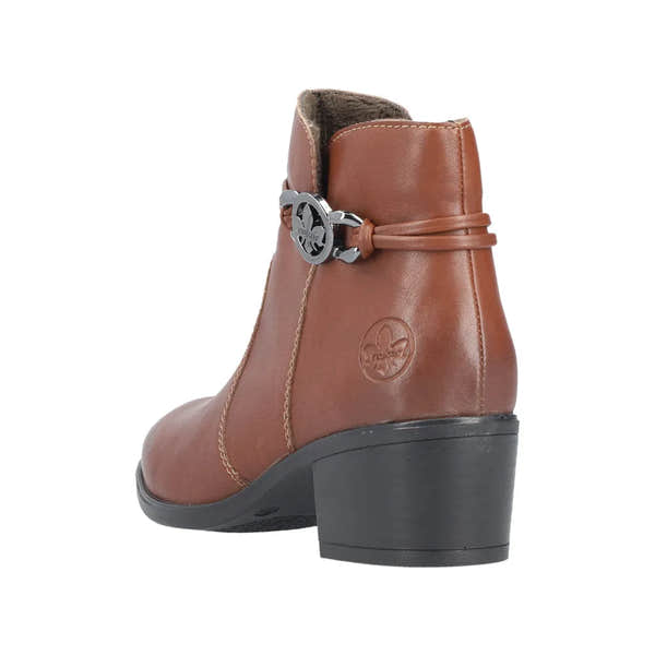 Rieker 73970-22 women's brown ankle boots with side zipper and decorative ankle strap, block heel, leather upper, stylish and comfortable.