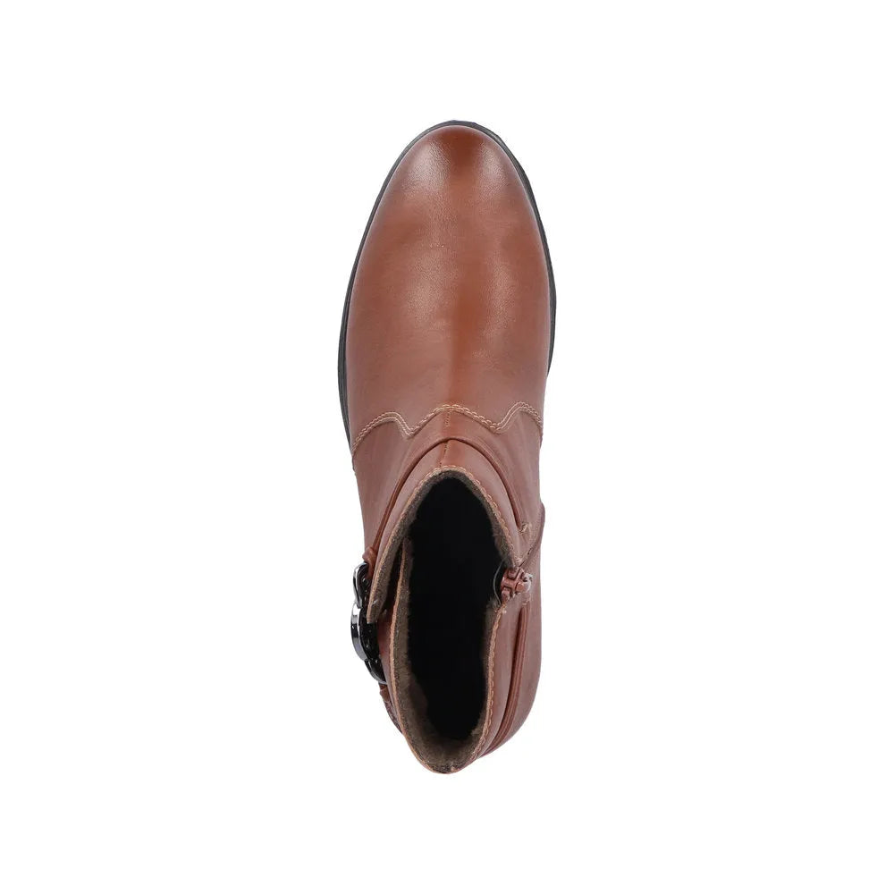 Rieker 73970-22 women's brown ankle boots with side zip, leather upper, faux fur lining, and low chunky heel.