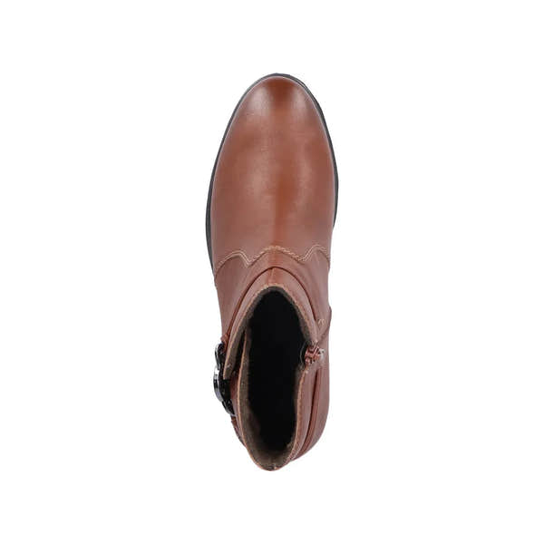 Rieker 73970-22 women's brown ankle boots with side zip, leather upper, faux fur lining, and low chunky heel.