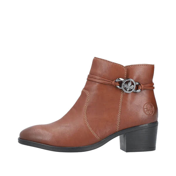 Rieker 73970-22 women's brown leather ankle boots with side zipper and decorative strap with silver buckle, low block heel.