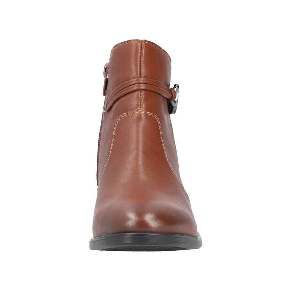 Rieker 73970-22 women's brown ankle boots with side zipper and buckle detail, stylish and comfortable for everyday wear.