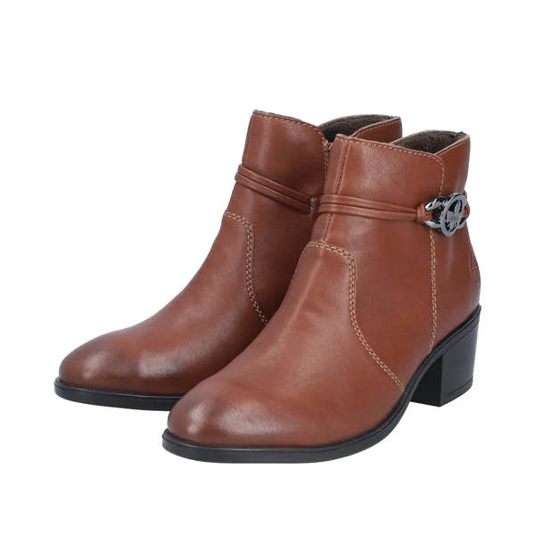 Rieker 73970-22 women's brown ankle boots with side zipper and low block heel, stylish and comfortable for everyday wear.