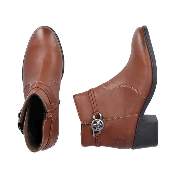 Rieker 73970-22 women's brown side-zip ankle boots with decorative strap and low block heel.