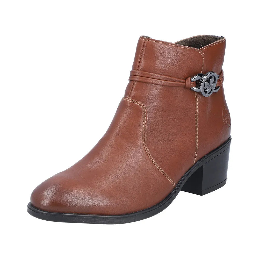 Rieker 73970-22 women's brown ankle boots with side zipper and decorative side buckle, block heel, leather upper, stylish fall footwear.