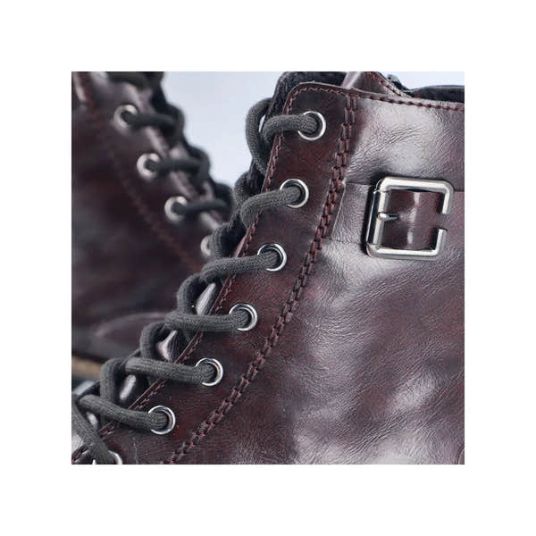 Rieker 74802-35 women's red leather ankle boots with lace-up, zip, and side buckle strap detailing.
