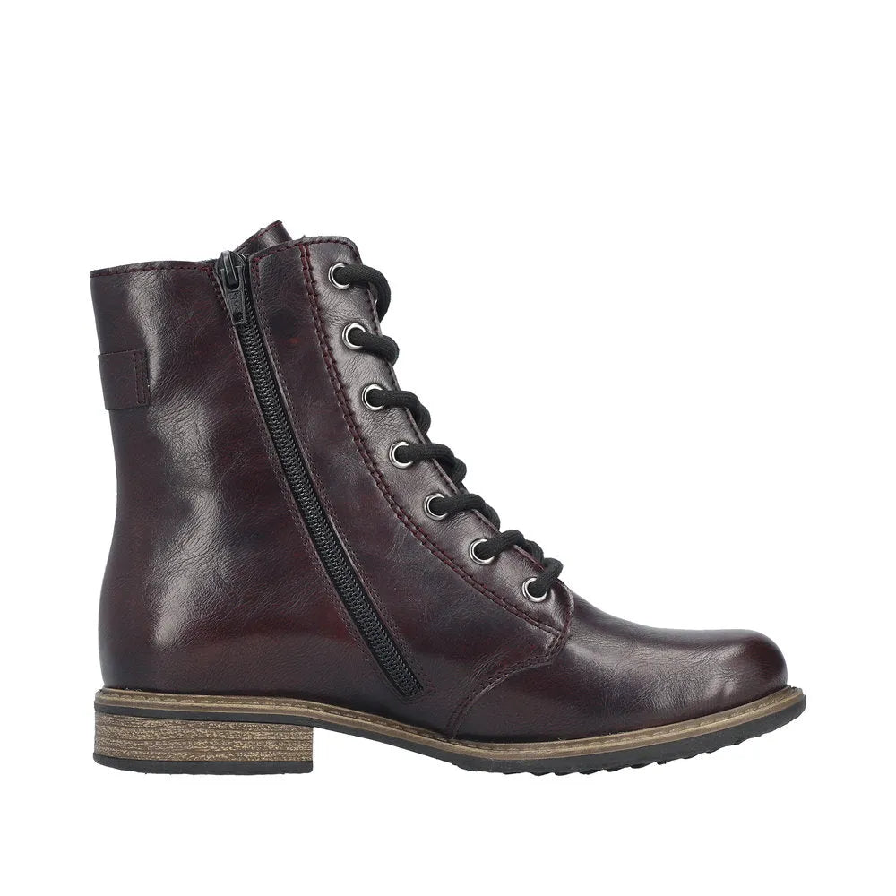 Rieker 74802-35 women's red leather ankle boots with zip, lace-up closure, and side zipper, stylish and comfortable footwear.