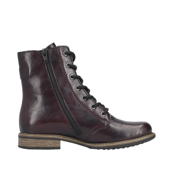 Rieker 74802-35 women's red leather ankle boots with zip, lace-up closure, and side zipper, stylish and comfortable footwear.