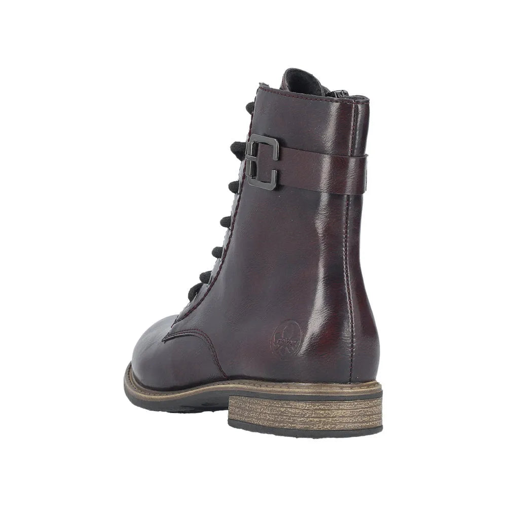 Rieker 74802-35 women's red ankle boots with lace-up, zip and buckle details, leather upper, low heel.
