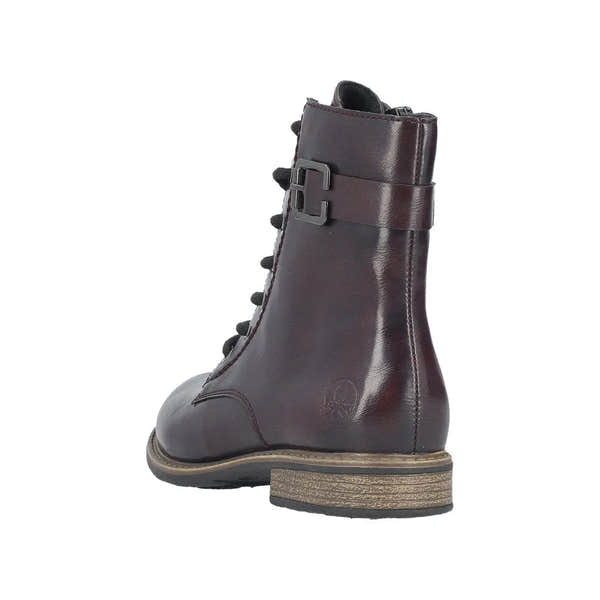Rieker 74802-35 women's red ankle boots with lace-up, zip and buckle details, leather upper, low heel.