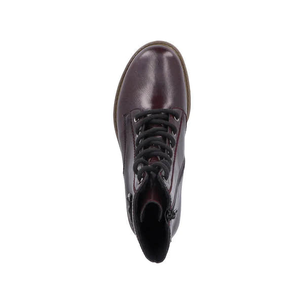 Rieker 74802-35 ladies red ankle boots with lace-up front, zip closure, and stylish comb design.