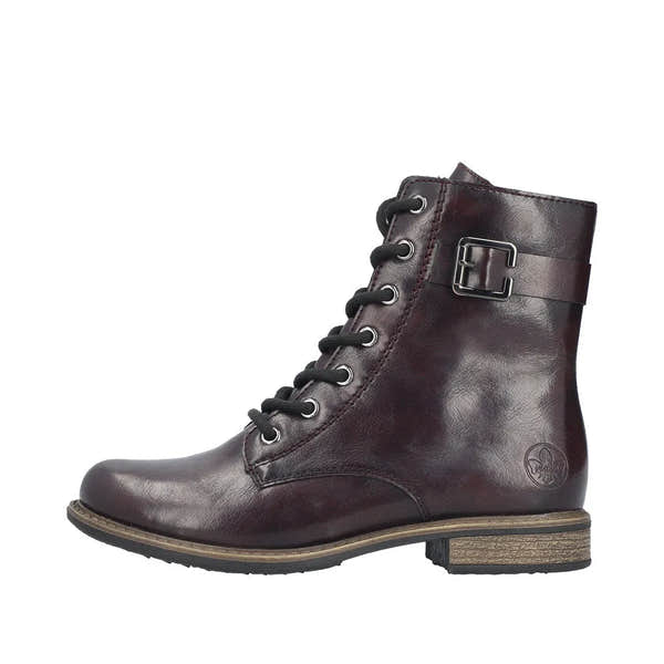 Rieker 74802-35 women's red leather ankle boots with lace-up, side zip, and buckle details, stylish and comfortable footwear.