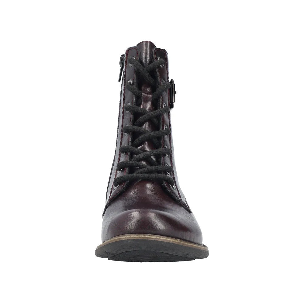 Rieker 74802-35 women's red leather ankle boots with zip and lace-up closure, comb style design, and rugged sole.
