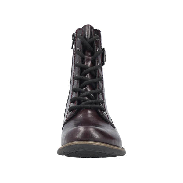 Rieker 74802-35 women's red leather ankle boots with zip and lace-up closure, comb style design, and rugged sole.