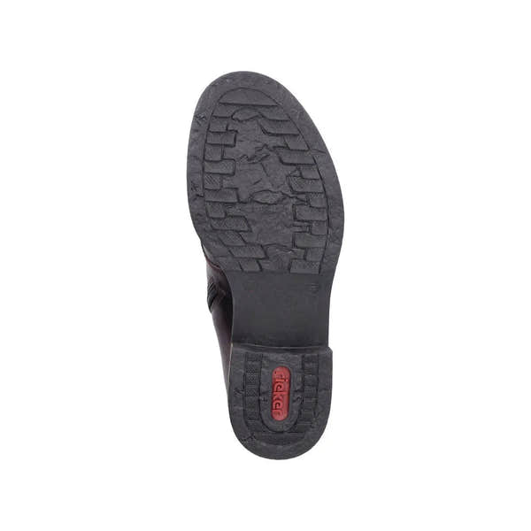 Rieker 74802-35 women's red ankle boots with zip and lace details, rugged sole, and combat style design.