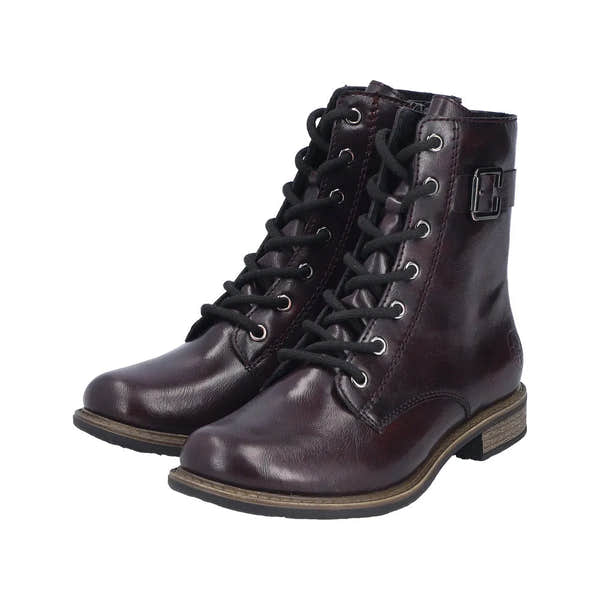 Rieker 74802-35 women's red ankle boots with lace and zip closure, comb detail, and low heel.