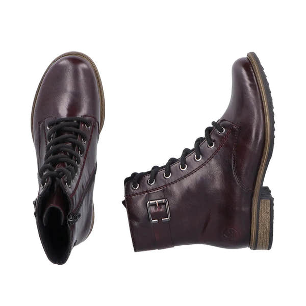Rieker 74802-35 Women's Red Leather Comb Zip & Lace Ankle Boots with Buckle Detail and Rugged Sole.
