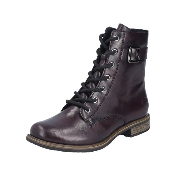 Rieker 74802-35 women's red leather ankle boot with zip and lace-up front, buckle detail, and low heel.