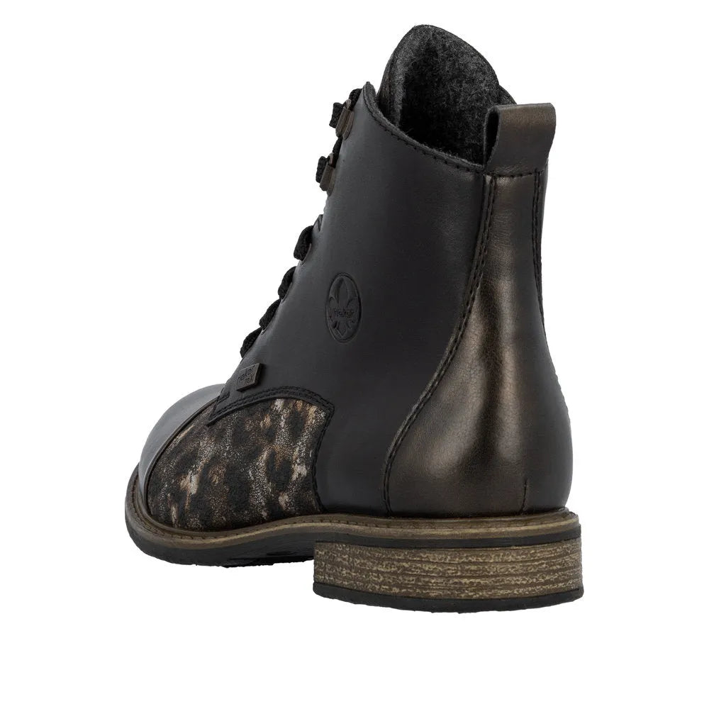 Rieker 74842-00 women's black leather ankle boot with water-resistant zip and lace closure, leopard print detail, and low stacked heel.