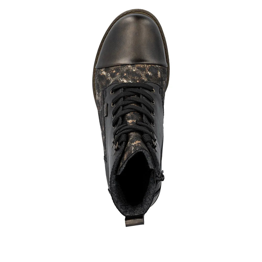 Rieker 74842-00 women's black leather ankle boots with lace-up, zip closure, water-resistant features, and a stylish combi design.