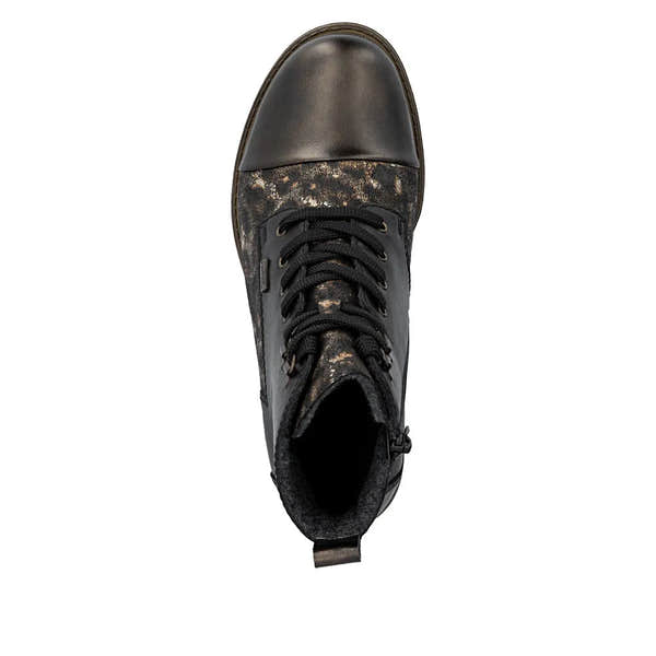 Rieker 74842-00 women's black leather ankle boots with lace-up, zip closure, water-resistant features, and a stylish combi design.