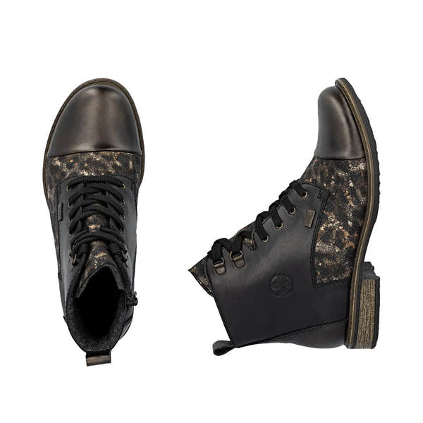 Rieker 74842-00 women's black leather ankle boots with water resistance, zip, lace-up design, and patterned details.