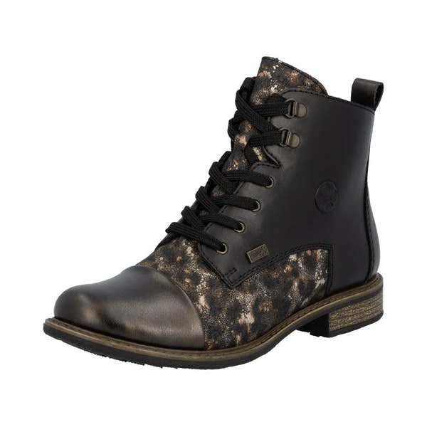 Rieker 74842-00 women's black leather ankle boots with water-resistant zip and lace-up design, floral patterned fabric accents, and low heel.