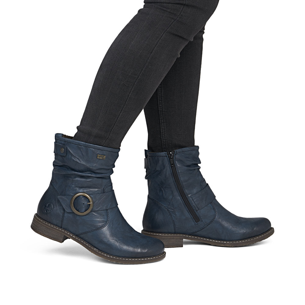 Rieker 74857-14 Ladies Wide Navy Leather Water Resistant Side Zip Ankle Boots
