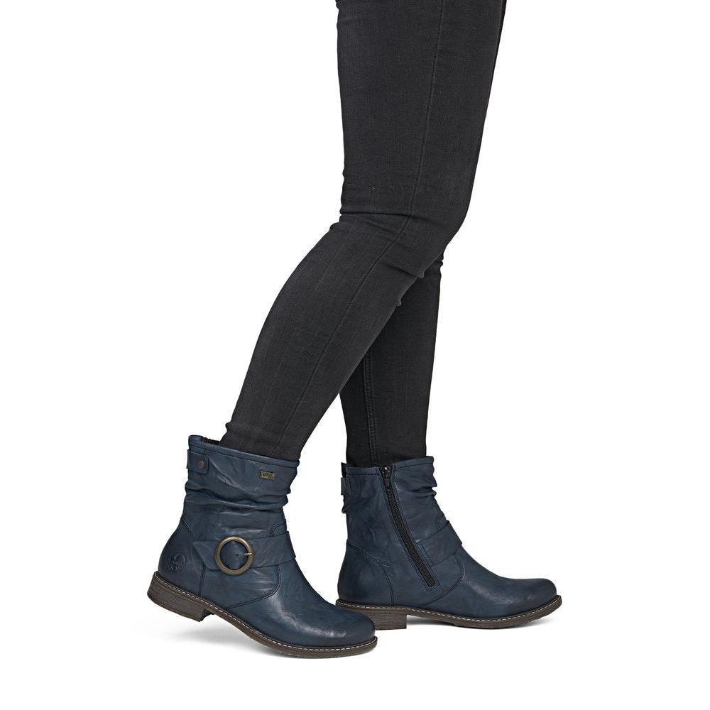 Rieker 74857-14 Ladies Wide Navy Leather Water Resistant Side Zip Ankle Boots