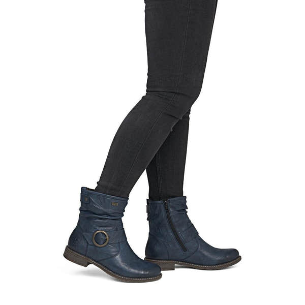 Rieker 74857-14 Ladies Wide Navy Leather Water Resistant Side Zip Ankle Boots