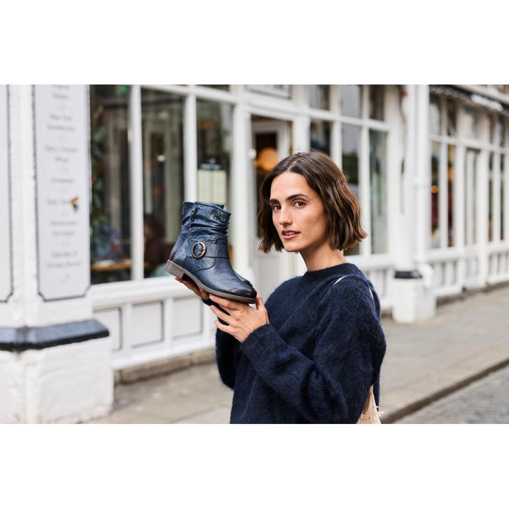 Rieker 74857-14 Ladies Wide Navy Leather Water Resistant Side Zip Ankle Boots