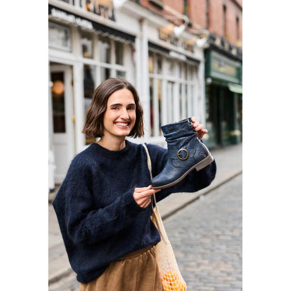Rieker 74857-14 Ladies Wide Navy Leather Water Resistant Side Zip Ankle Boots