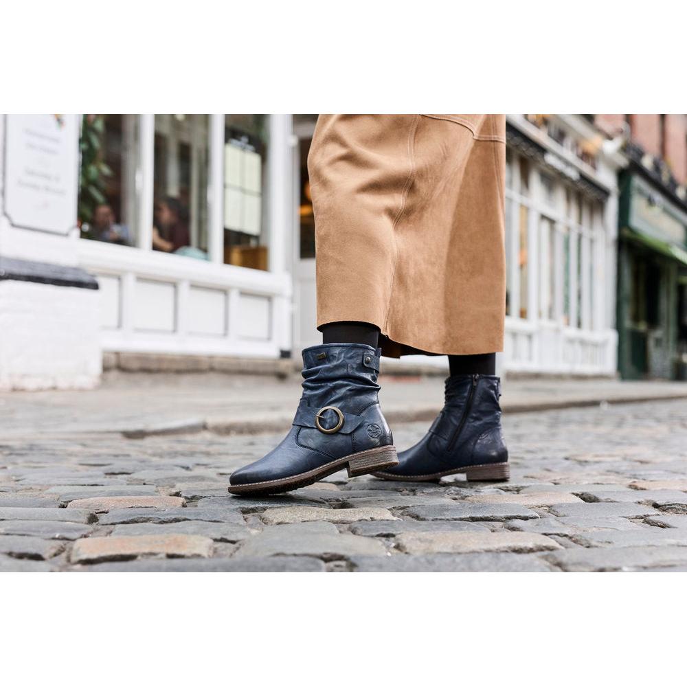 Rieker 74857-14 Ladies Wide Navy Leather Water Resistant Side Zip Ankle Boots