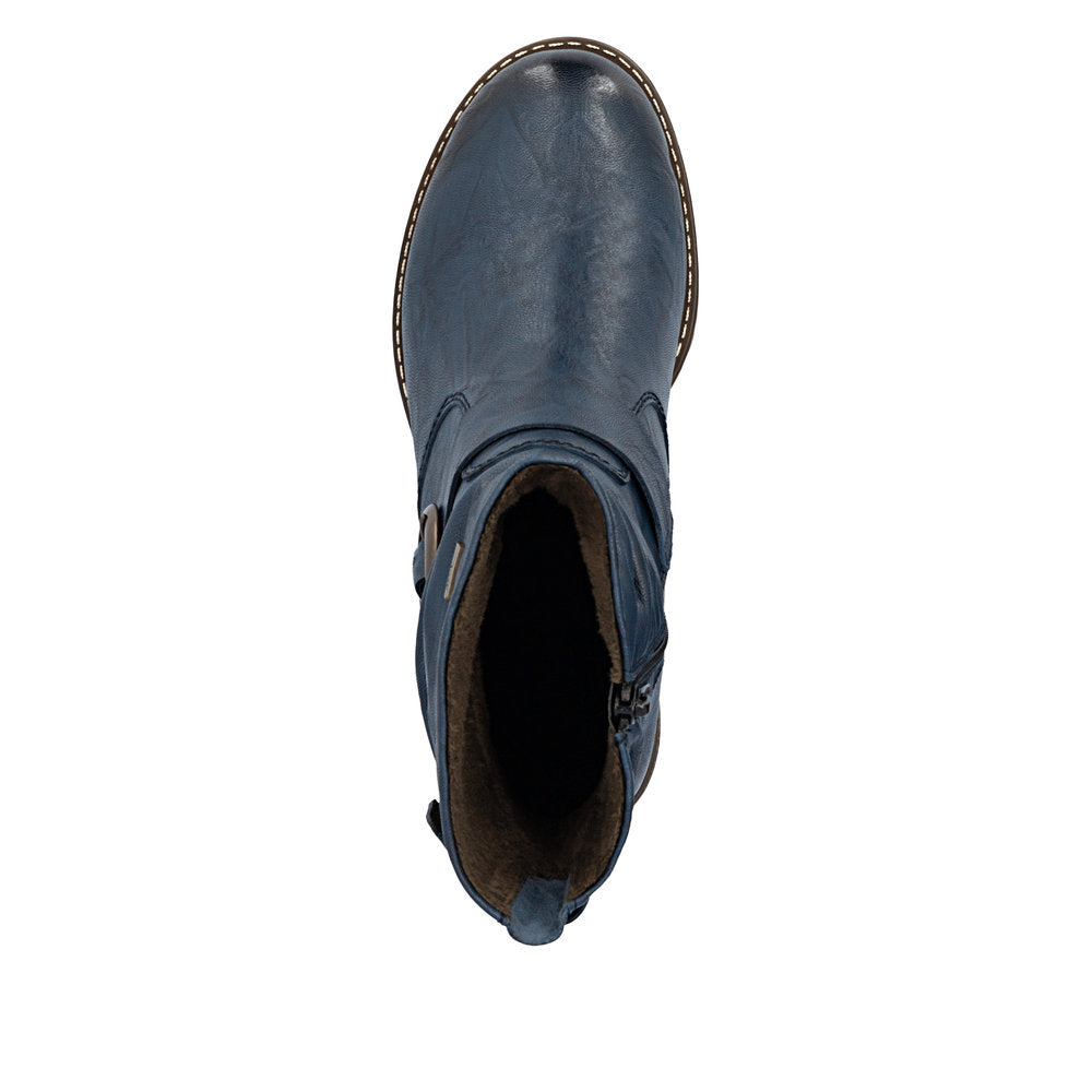 Rieker 74857-14 Ladies Wide Navy Leather Water Resistant Side Zip Ankle Boots
