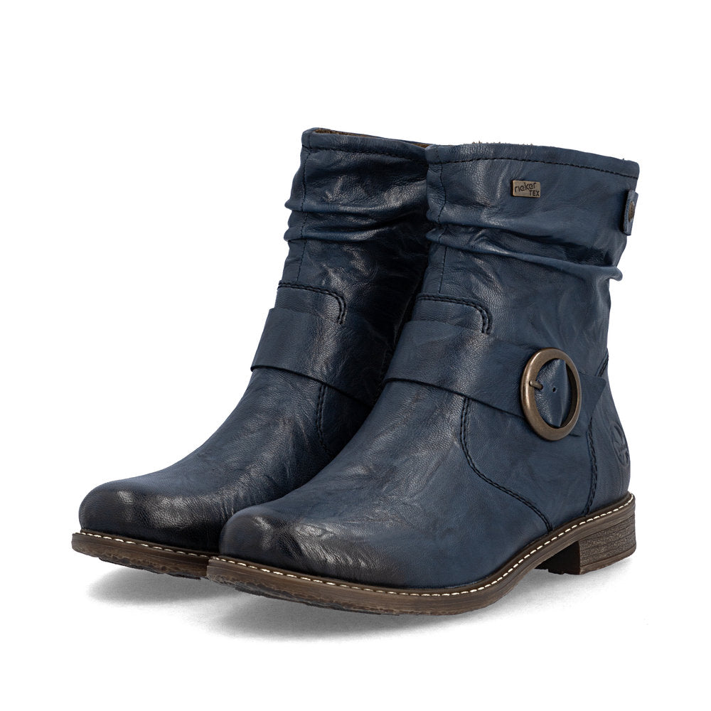 Rieker 74857-14 Ladies Wide Navy Leather Water Resistant Side Zip Ankle Boots