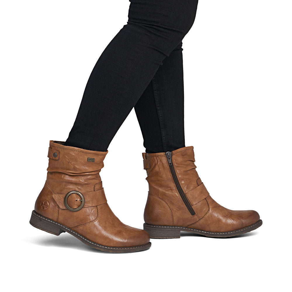Rieker 74857-22 Ladies Wide Brown Leather Water Resistant Side Zip Ankle Boots