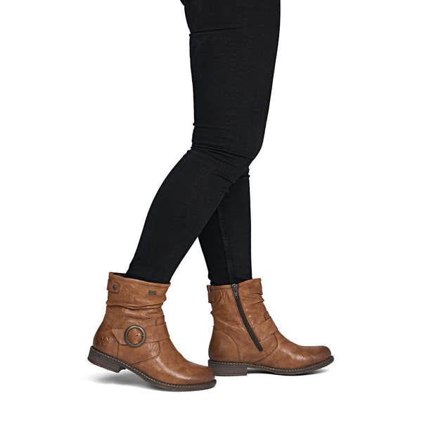 Rieker 74857-22 Ladies Wide Brown Leather Water Resistant Side Zip Ankle Boots
