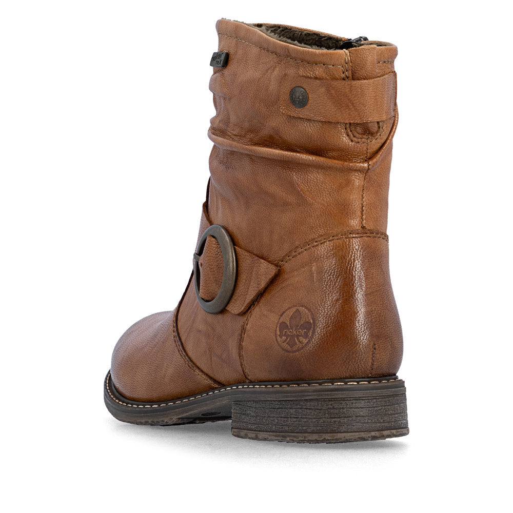 Rieker 74857-22 Ladies Wide Brown Leather Water Resistant Side Zip Ankle Boots